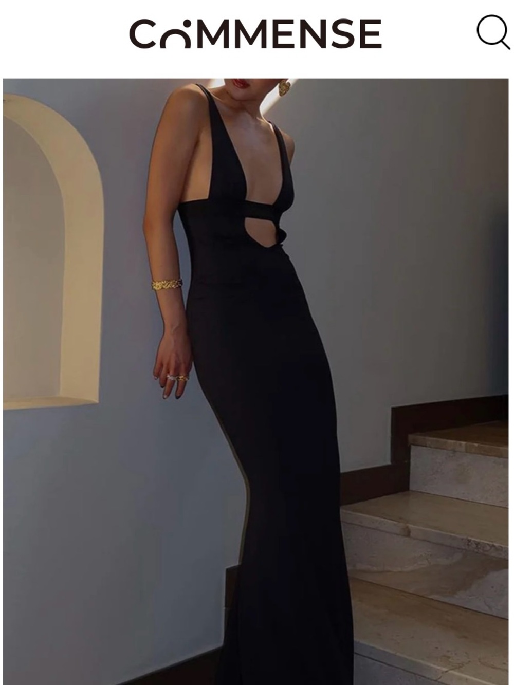 Commense Black Backless Cutout Plunge Gown